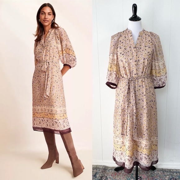 ANN TAYLOR Sz XS PEARL BLUSH Paisley Border Balloon Sleeve Midi Dress Office NEW - Picture 1 of 16